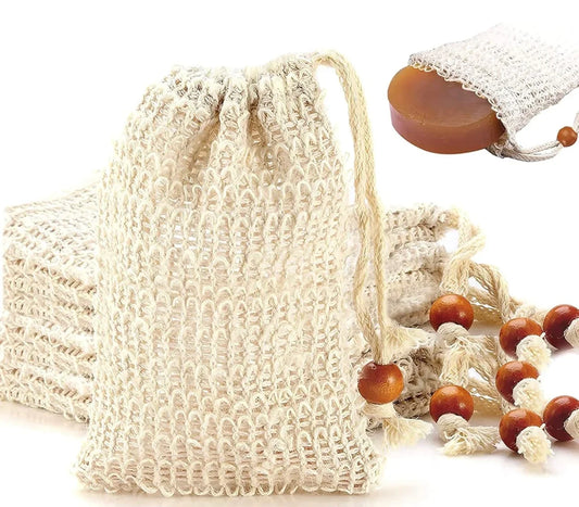Pack of 5 natural sisal exfoliating soap bags
Enjoy a gentle, eco-friendly cleanse. These bags help create a lather, exfoliate your skin, recycle soap residue, and keep bars dry, preventing waste. - shovota